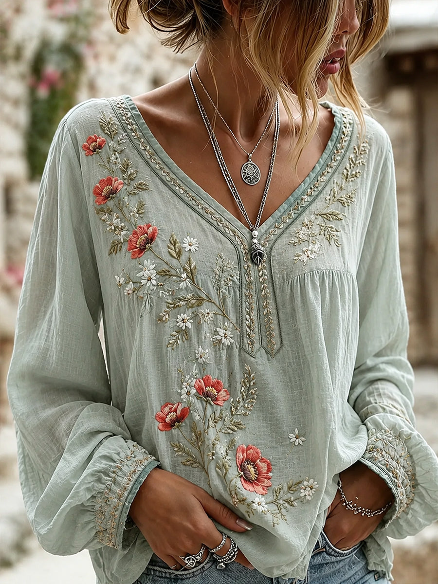 Blusa feminina casual de algodão-linho com estampa floral clássica