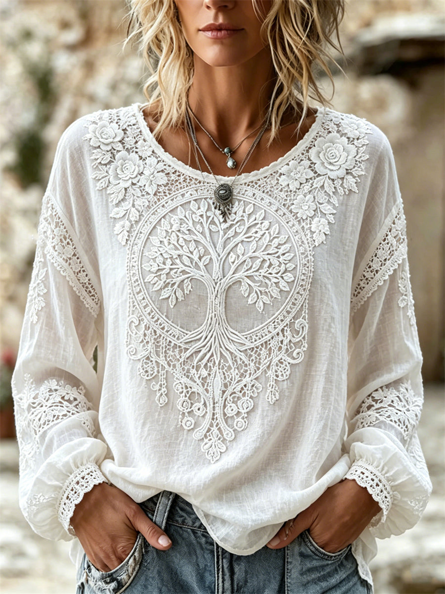 Camisa feminina de linho e algodão com estampa floral elegante do Árvore da Vida dos Vikings