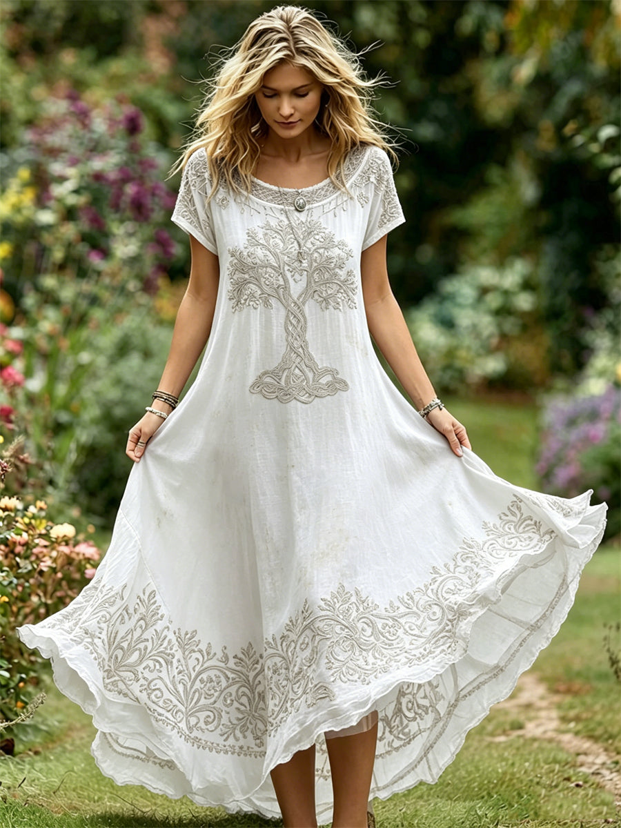 Vestido longo fluido feminino vintage com estampa do Nó Celta da Árvore da Vida viking