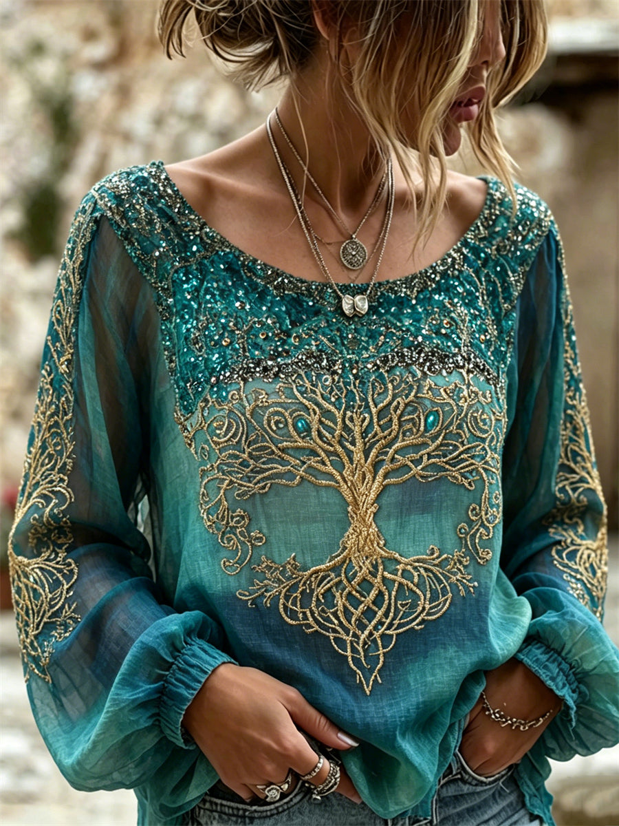 Camisa feminina vintage mística viking com estampa do Árvore da Vida em glitter, em algodão e linho