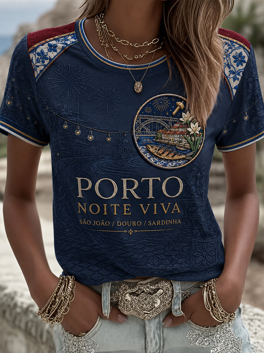 Camiseta estampada com arte do Festival das Mulheres dos Santos Populares