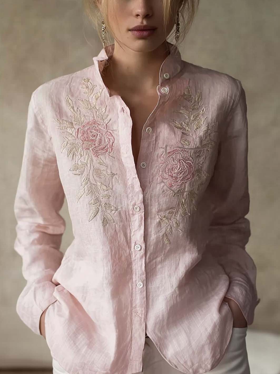Padrão de bordado floral feminino impresso casual Algodão-Linho Camisa