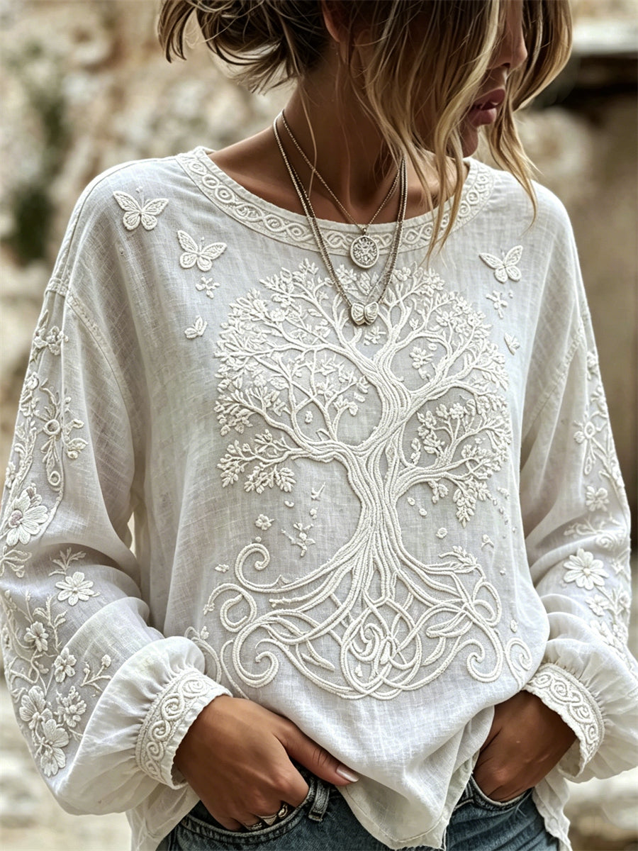 Viking Árvore da Vida Borboletas Floral impressão algodão-linho camisa das mulheres