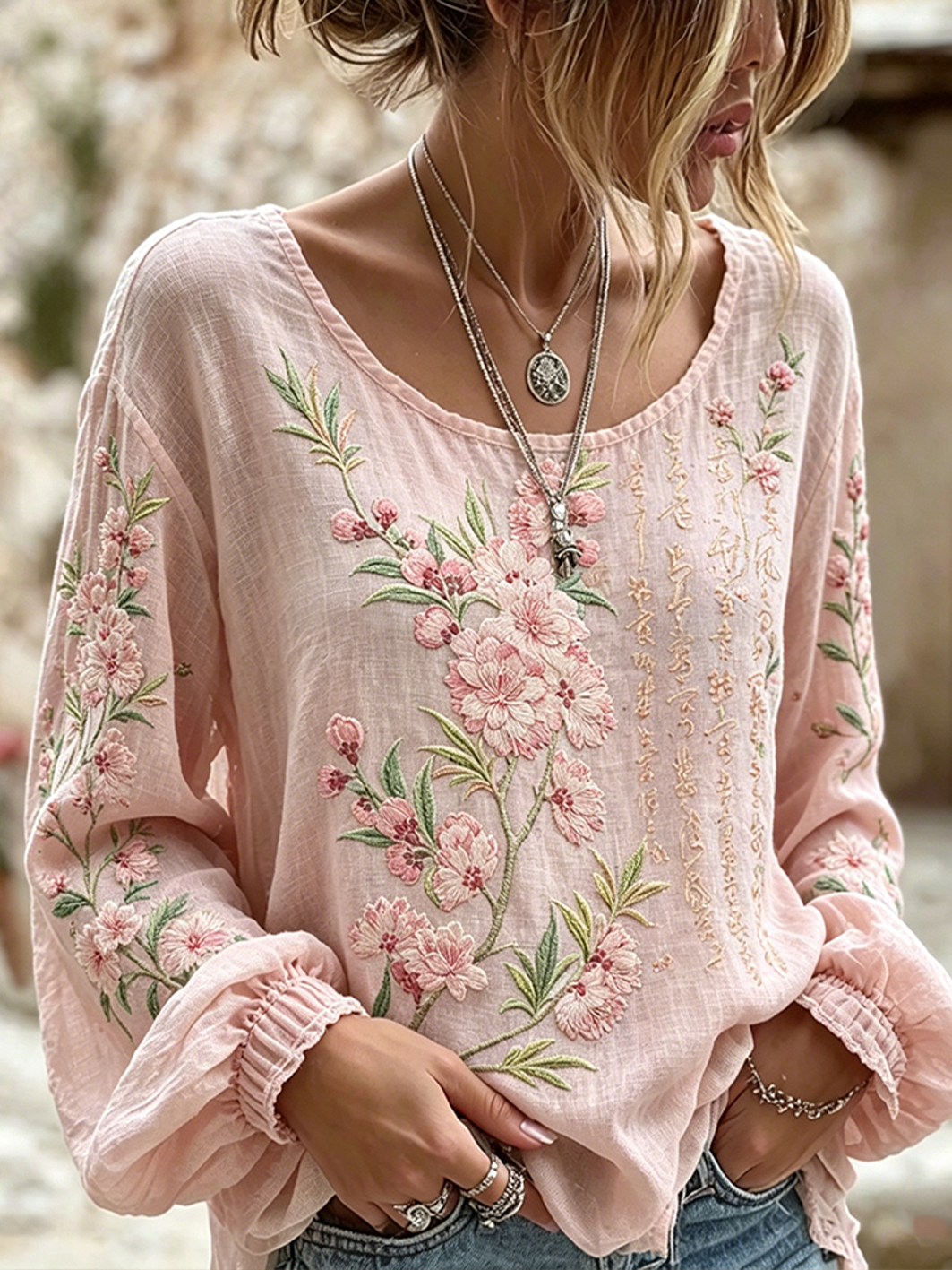 Padrão bordado floral feminino impresso Casual Camisa de algodão-linho