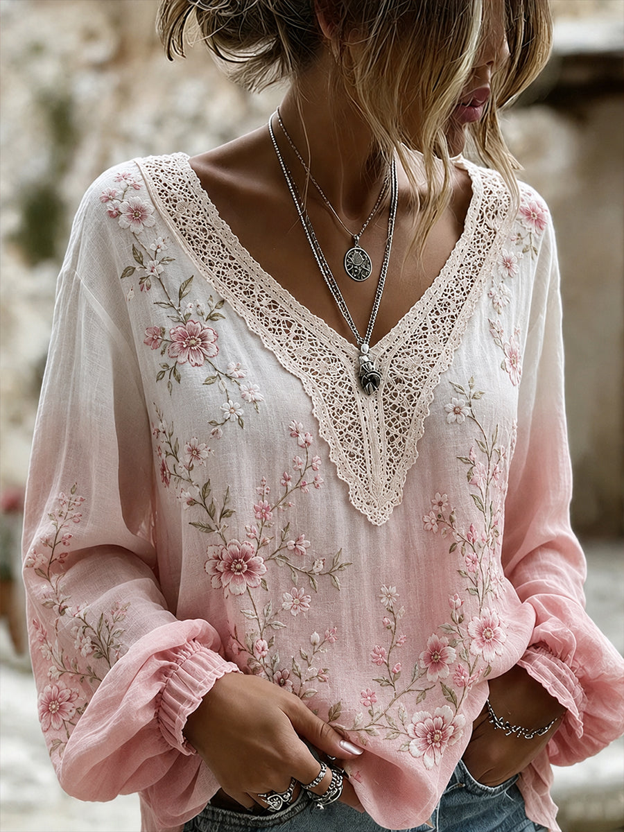 Algodão e linho Floral impressão v-Neck Top feminino
