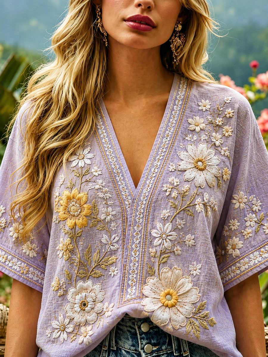 Blusa feminina retrô de algodão e linho com estampa floral e decote em V