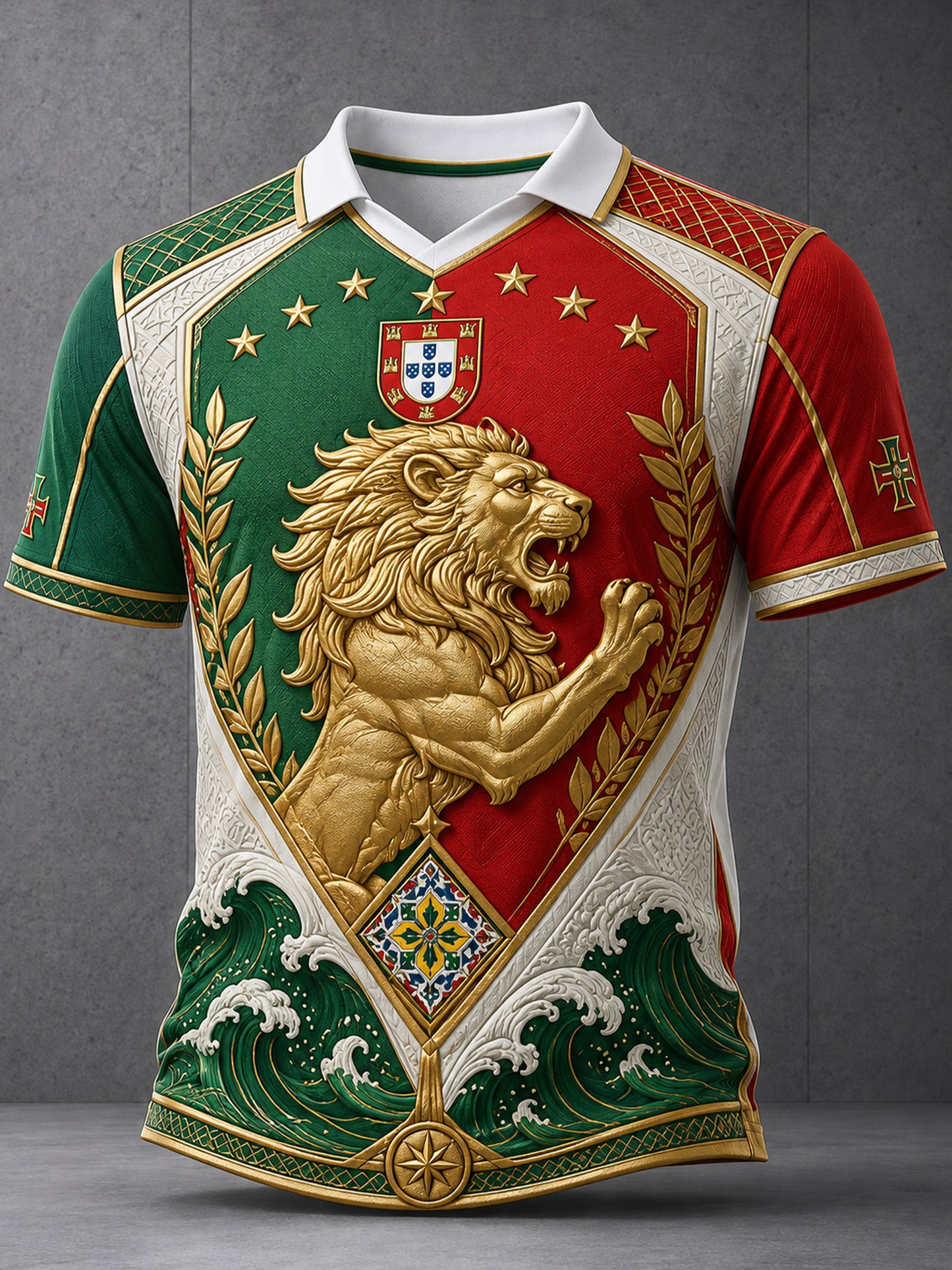 Camisa masculina de manga curta com estampa artística do futebol português em relevo