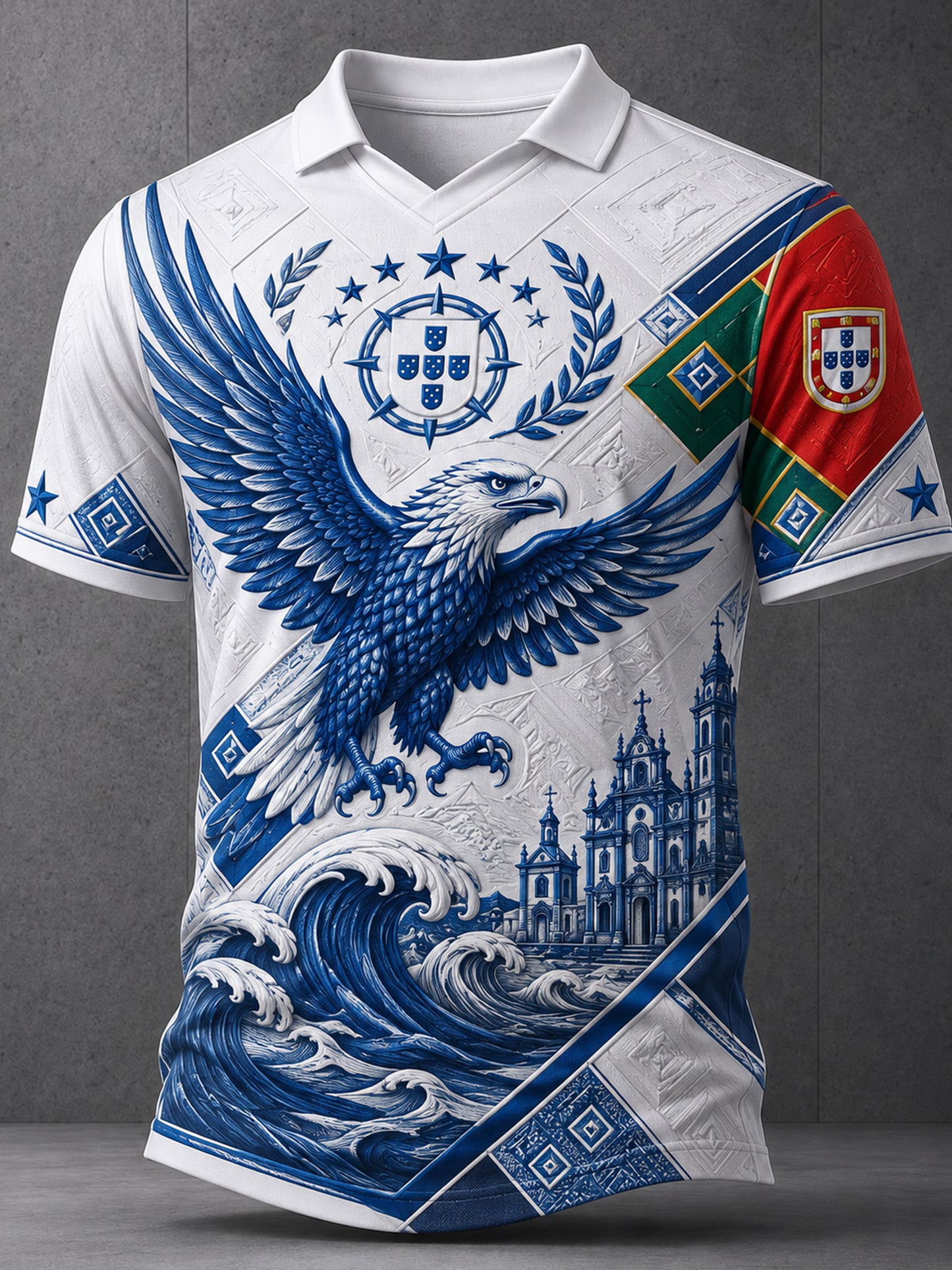Top de Manga Curta Masculino Com Impressão Artística em Relevo-Textura Portugal Football