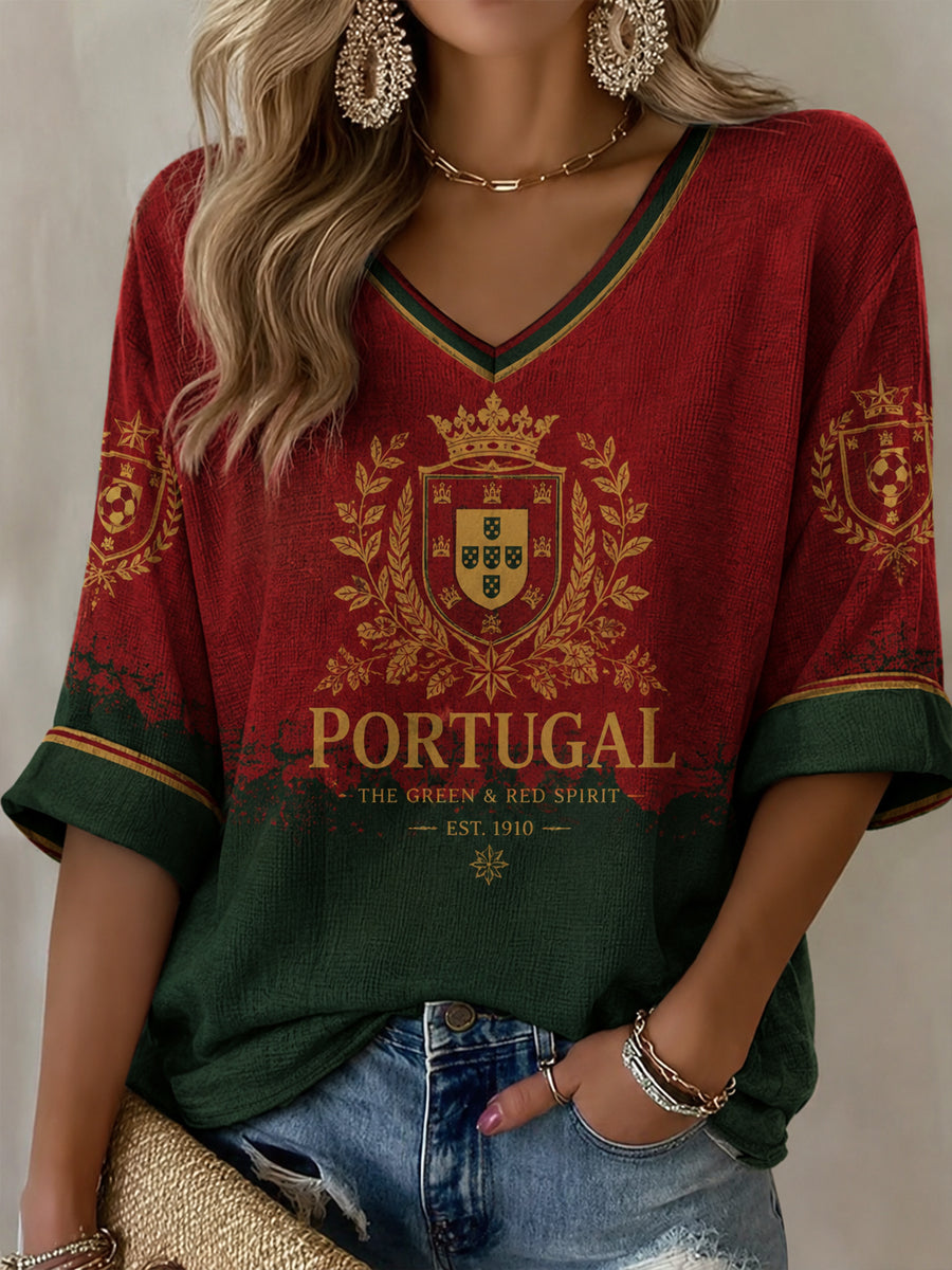 Futebol Português Feminino Estampado Casual T-shirt