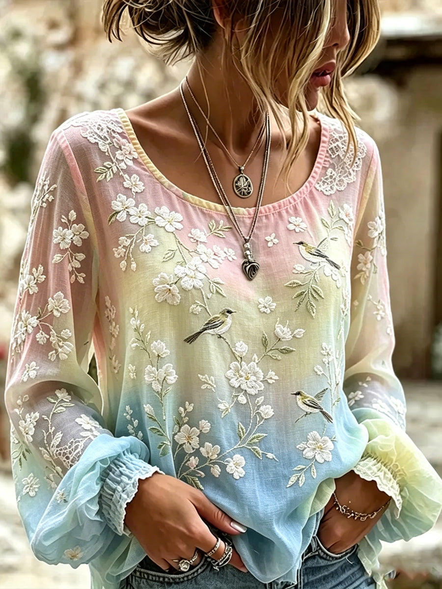Plantas e flores das mulheres impressão algodão-linho camisa