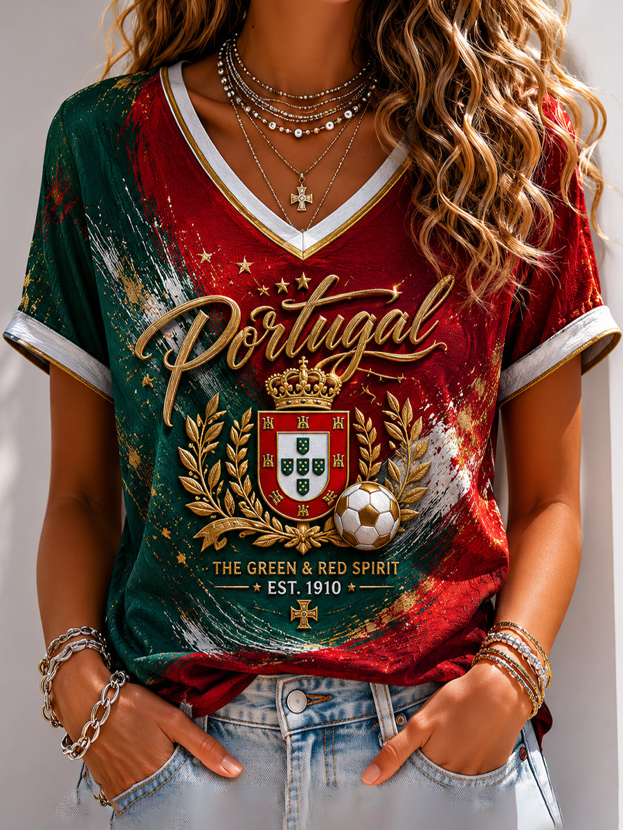 Camiseta feminina de futebol português com estampa e gola em V