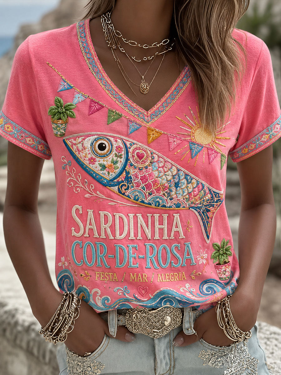 Camiseta estampada com arte do Festival das Mulheres dos Santos Populares de Portugal