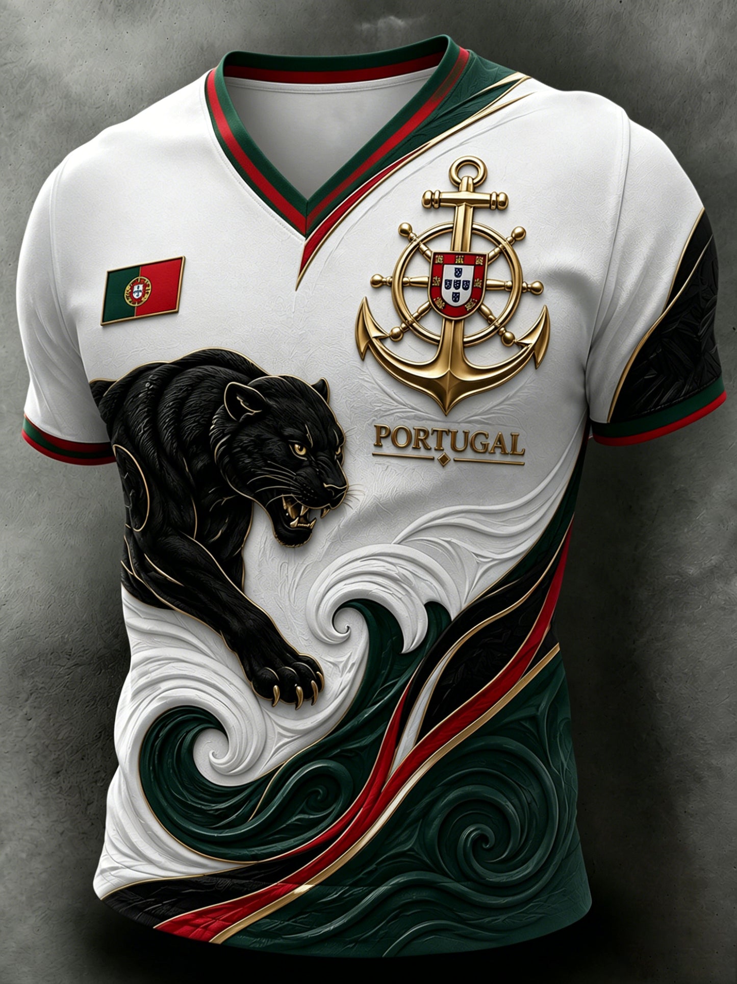 Camiseta masculina com tema de futebol de Portugal: estampa em relevo com arte para torcedores