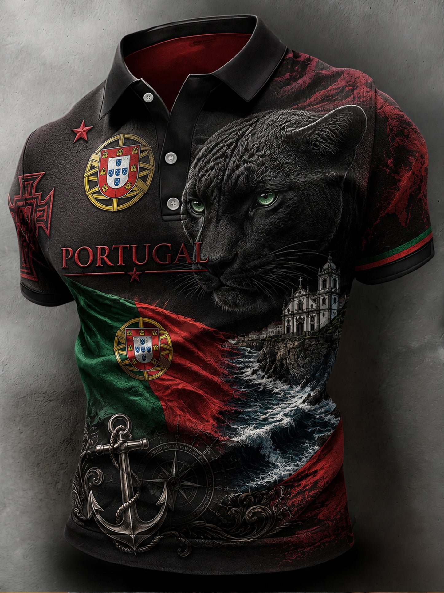 Camisa polo masculina com tema de futebol português: detalhes em relevo e estampa artística inspirada nos torcedores