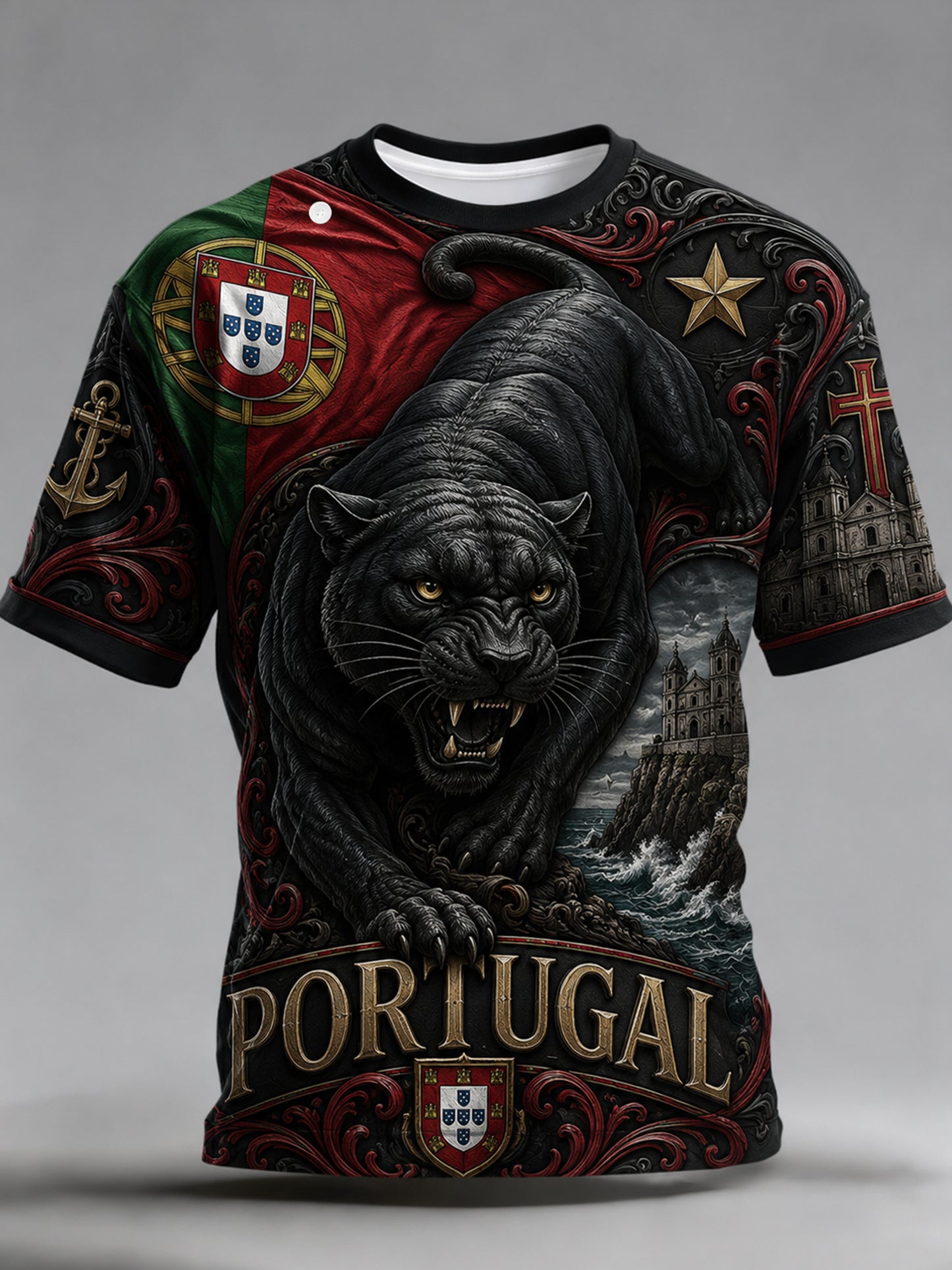 Camiseta masculina com tema de futebol de Portugal: estampa em relevo com arte para torcedores