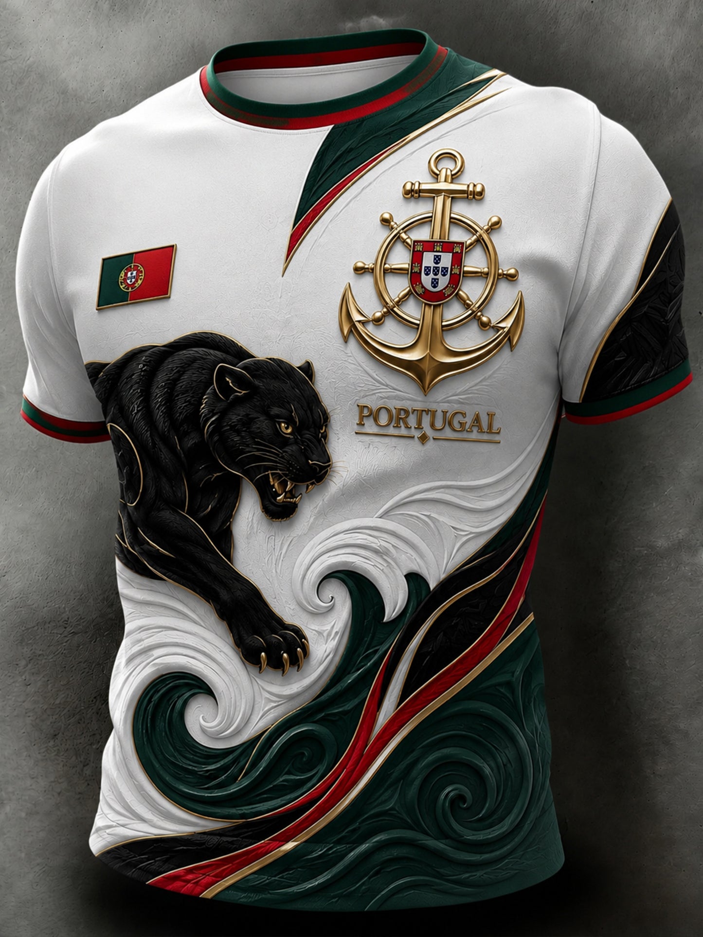 Camiseta com tema de futebol Portugal Masculino: Impressão artística em relevo-Textura