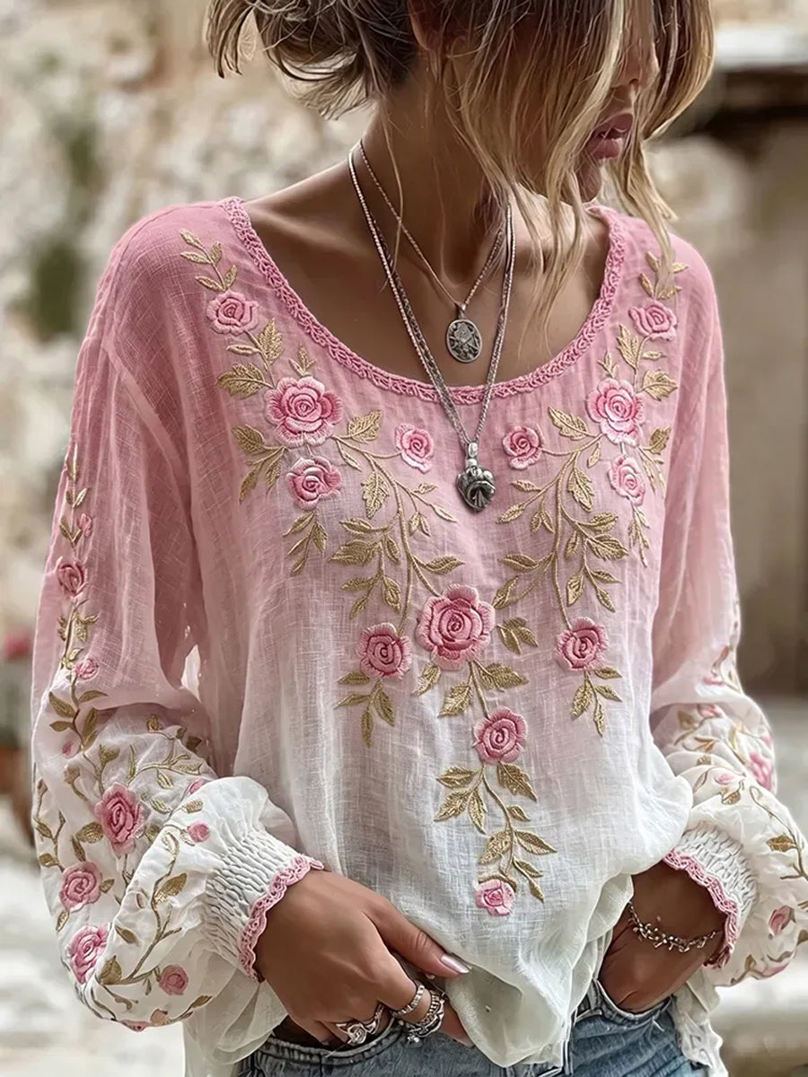 Camisa de Algodão e Linho com Estampa de Flores Rosas sobre Câncer de Mama Feminino