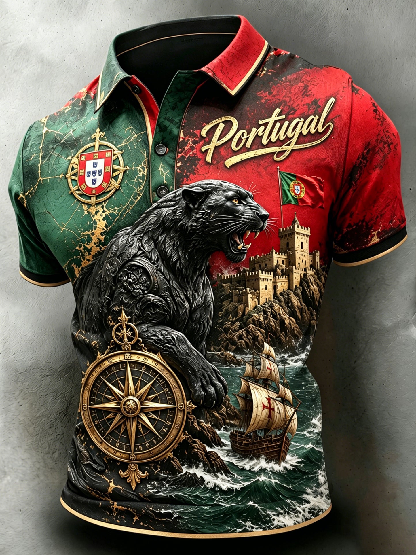 Camiseta polo com estampa artística de torcida em partida de futebol masculino, estilo português