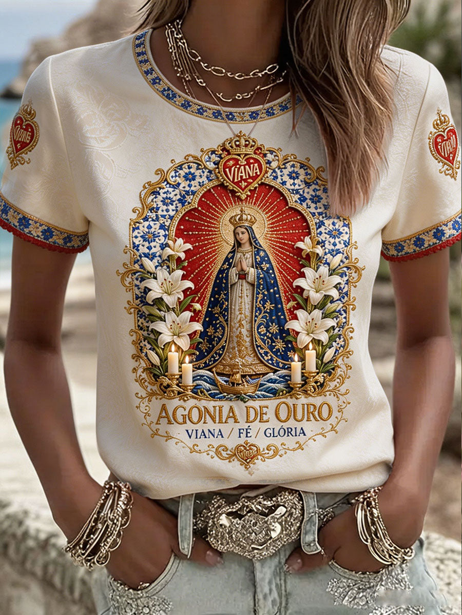 Camiseta feminina com estampa artística das Festas d’Agonia, em Portugal