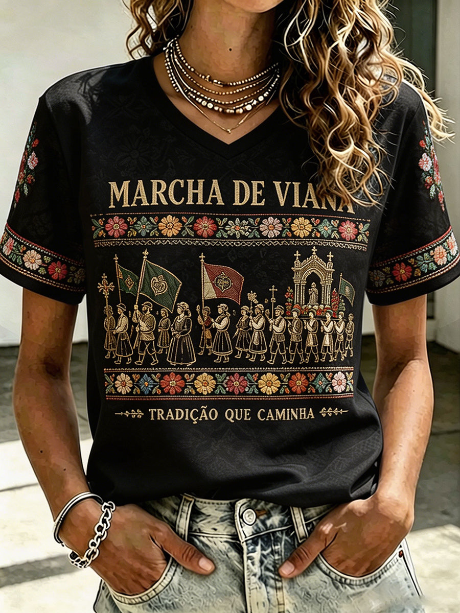 Camiseta estampada com arte das Festas d’Agonia, Portugal, feminina