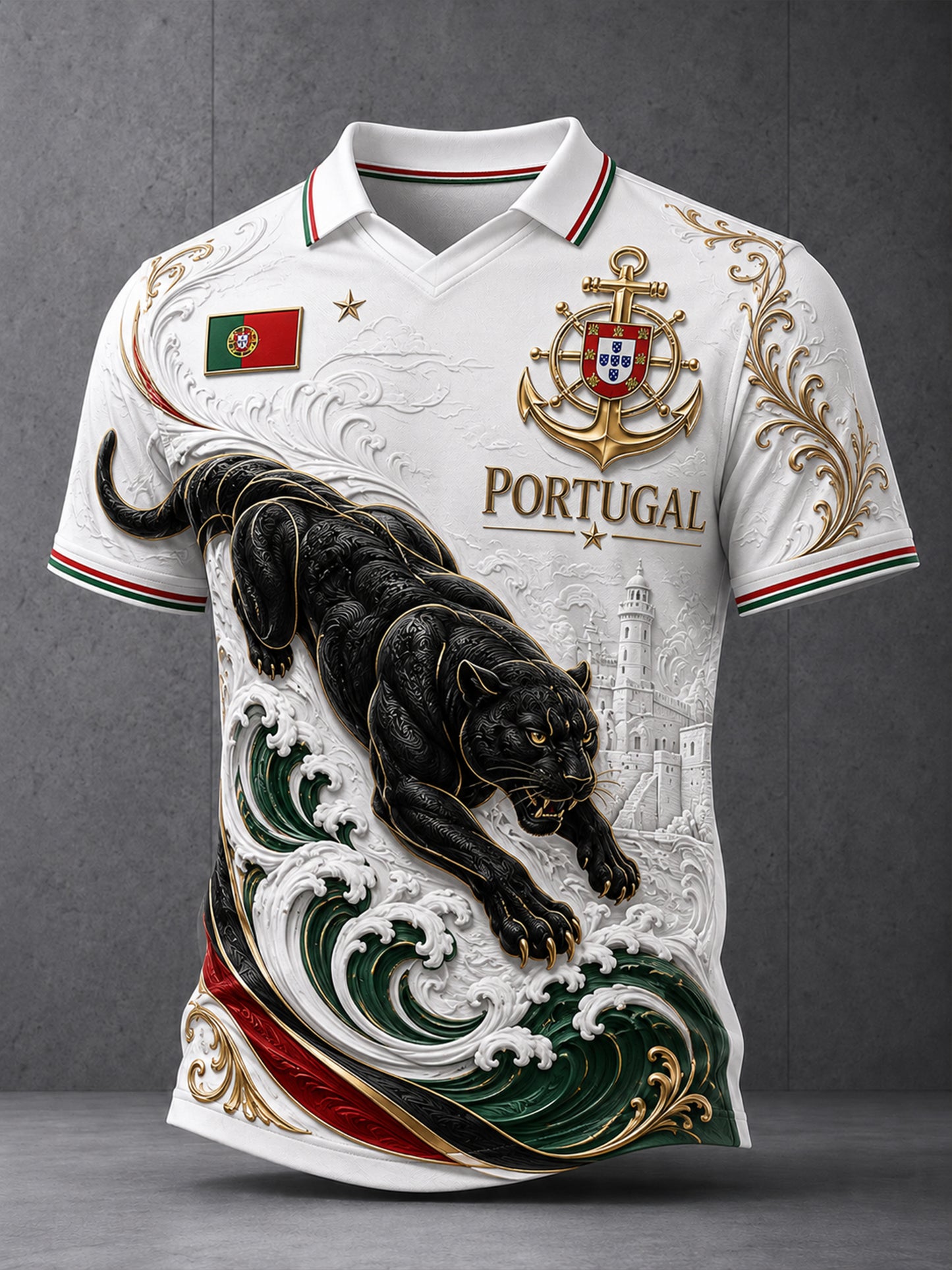 Men's Portugal Futebol Jogo Torcendo Em Relevo Texturizado Impressão Artística Polo Shirt
