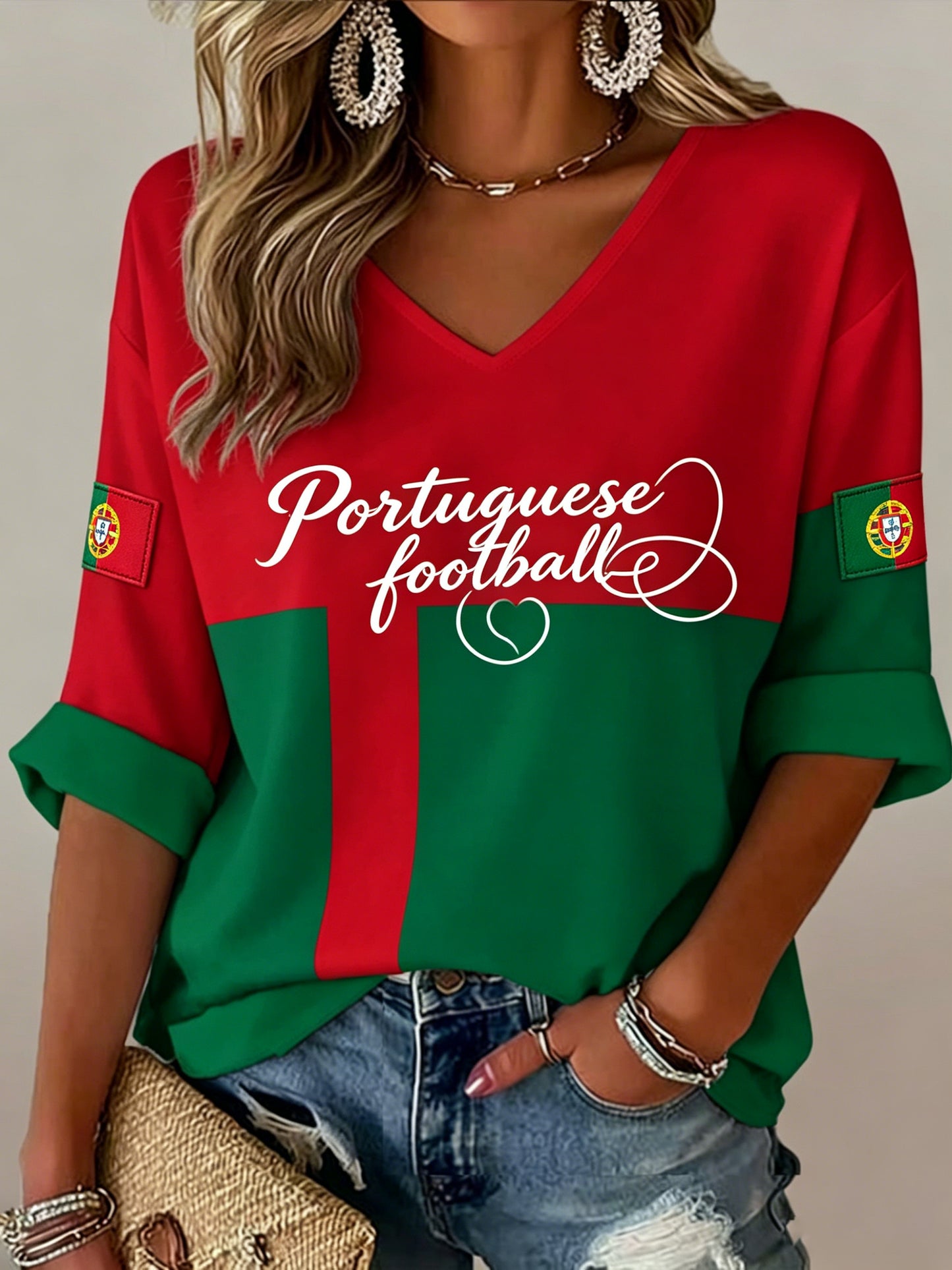 Jogo de futebol português feminino torcendo gravado texturizado impressão V-Neck Top