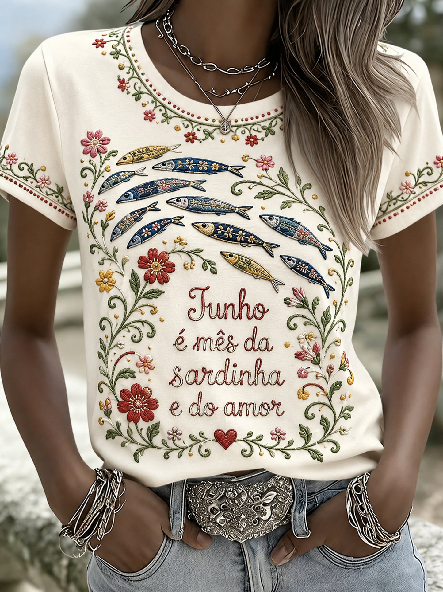 Camiseta Comemorativa Art Print do Dia de San Antonio Português Feminino