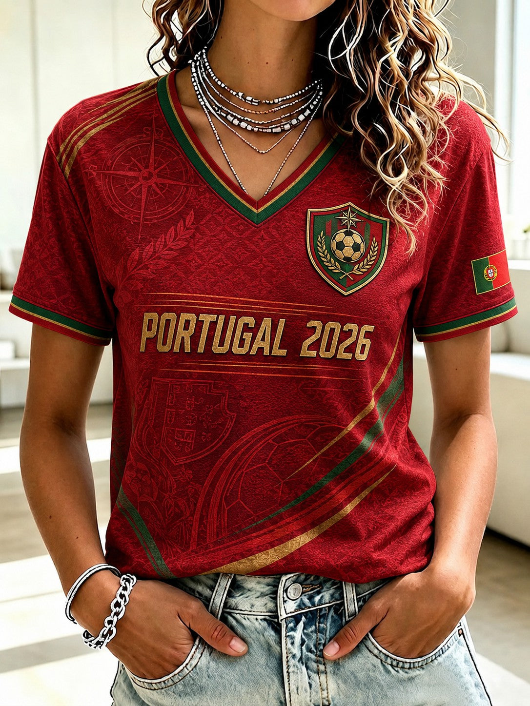 Mulheres Portugal Futebol Impresso V-neck T-shirt