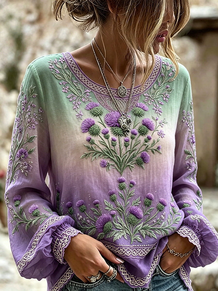 Mulheres's elegante Scottish Thistle Viking Celtic impressão algodão-linho camisa