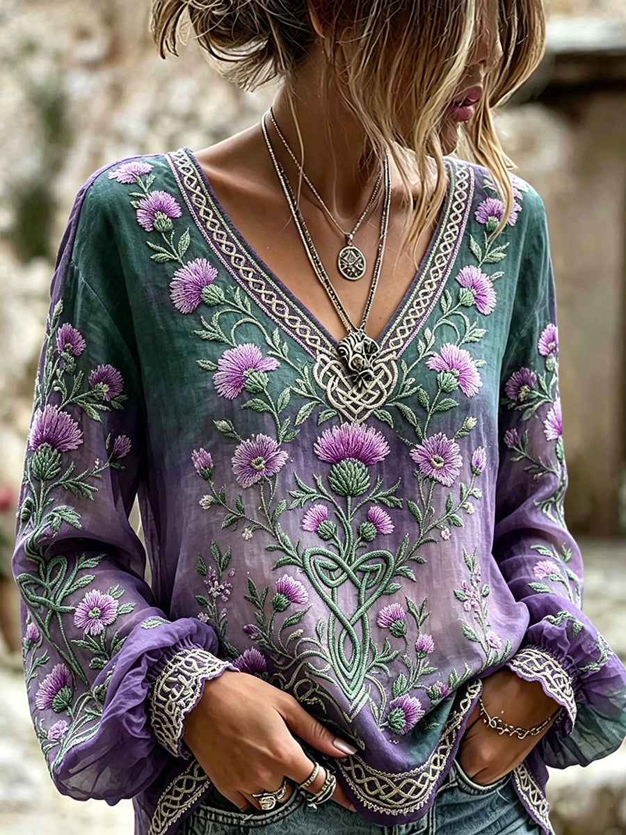Mulheres's elegante Scottish Thistle Art Celtic Imprimir V Neck Algodão-Linho Camisa