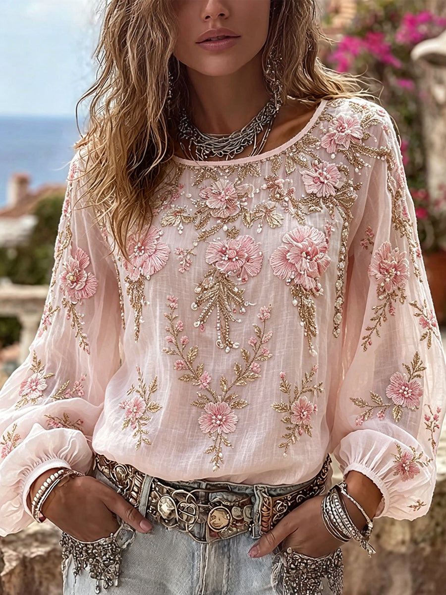 Vintage Boho rosa Floral Art impressão algodão-linho camisa do mulheres