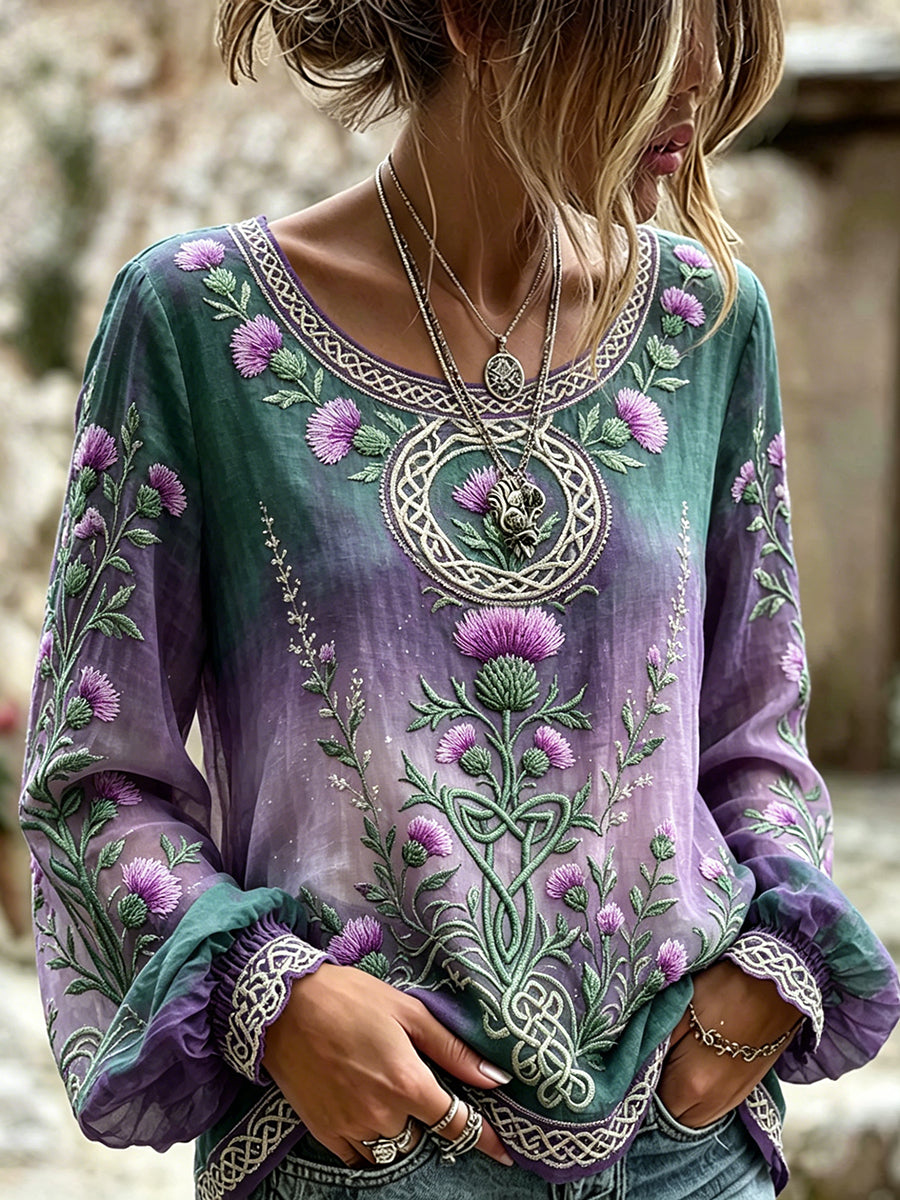 Elegante Scottish Thistle Art Viking camisa de algodão-linho celta impressão feminina