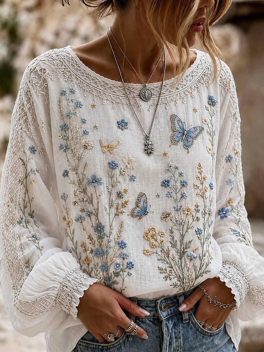 Blusa feminina casual de algodão-linho com estampa floral clássica