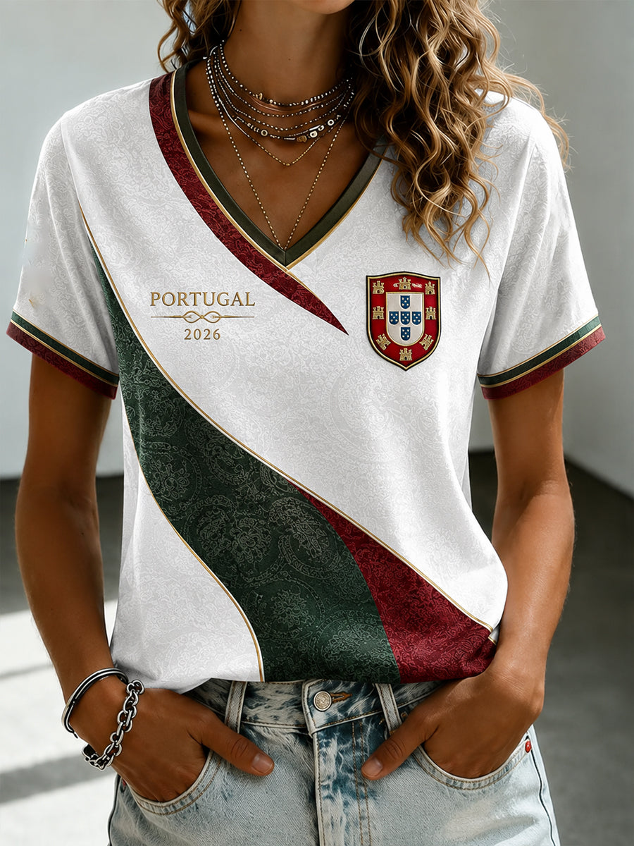 T-shirt Impressa Futebol Português Feminino Decote V