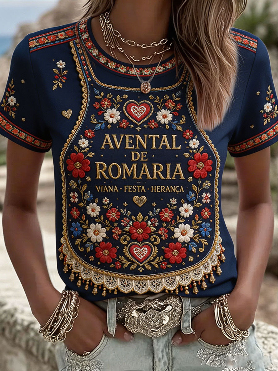 Camiseta de linho estampada com arte das Festas d’Agonia, Portugal, para mulheres