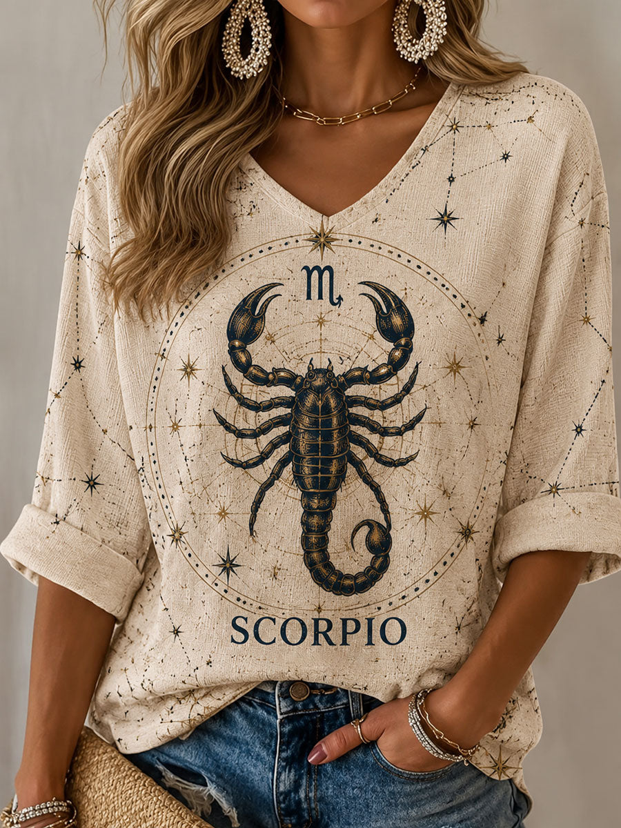 T-shirt Casual Estilo Retro-Temático Horóscopo Escorpião para Mulher