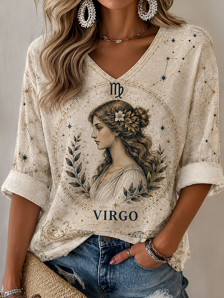 T-shirt Casual de Estilo Retro com Horóscopo de Virgem para Mulher
