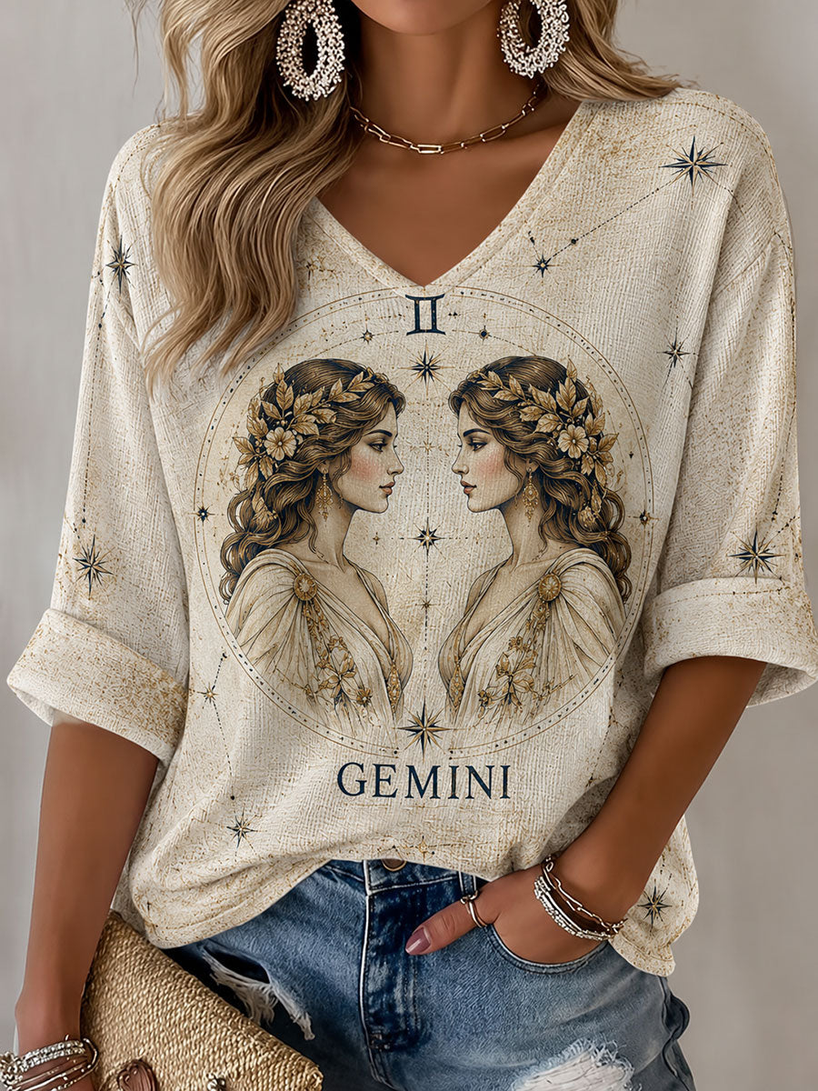 T-shirt Casual de Estilo Retro-temático de Gêmeos para mulheres