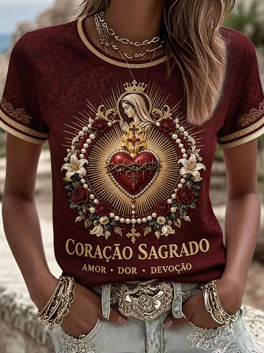 Camiseta de Linho Estampada com Arte das Festas d’Agonia, Portugal, Feminina