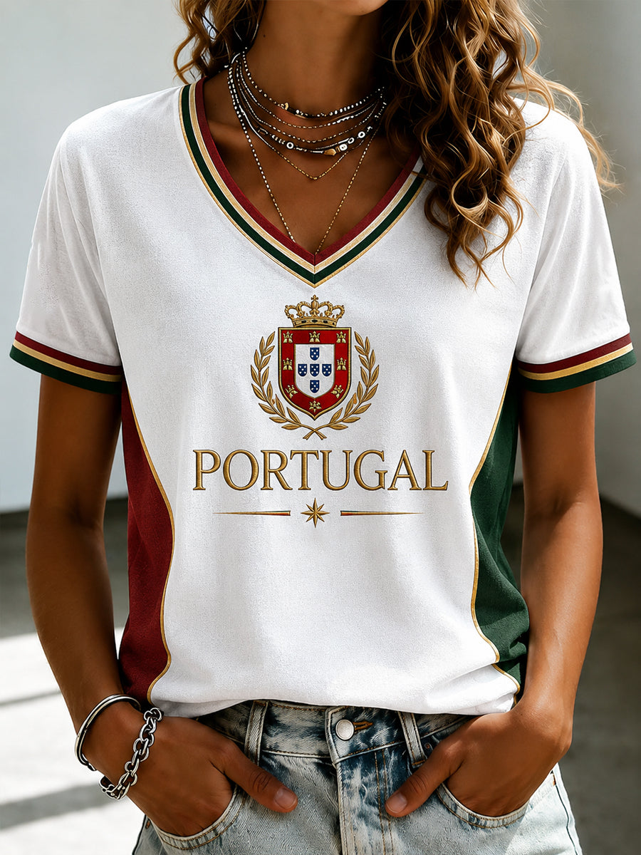 Camiseta feminina de futebol português com estampa e gola em V