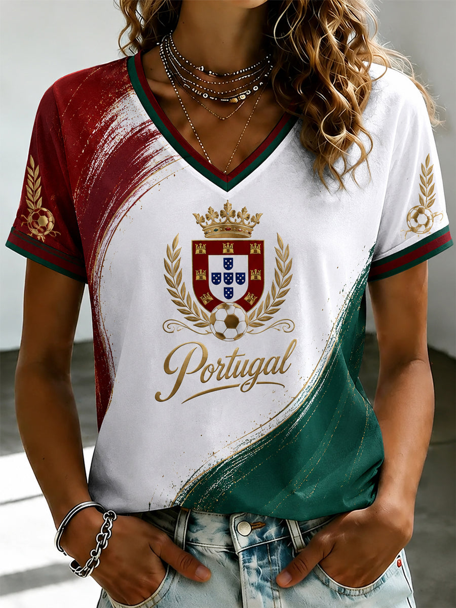Camiseta feminina de futebol português com estampa e gola em V