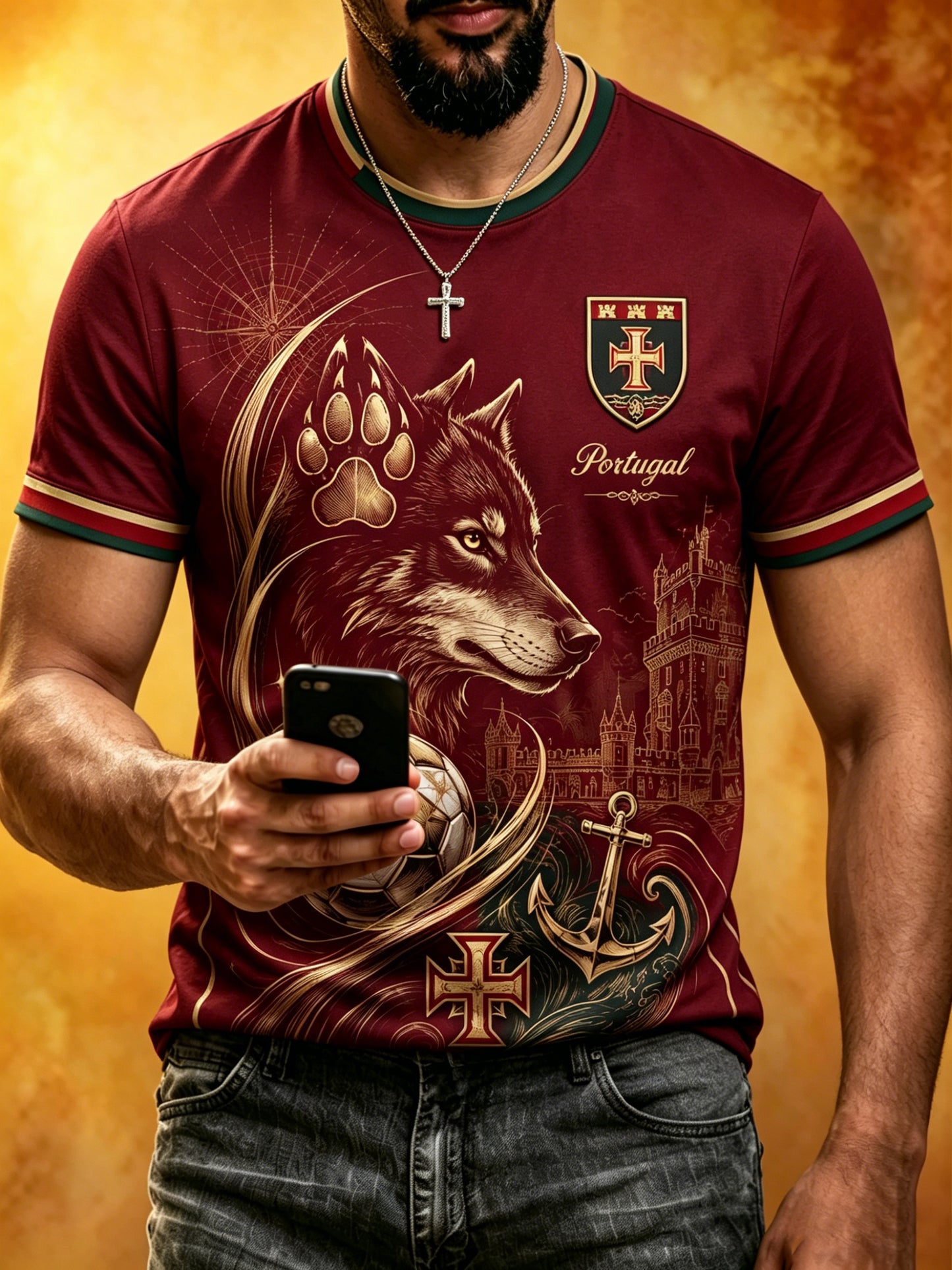 Camiseta com Estampa Artística de Elemento de Torcida do Futebol Português Masculino