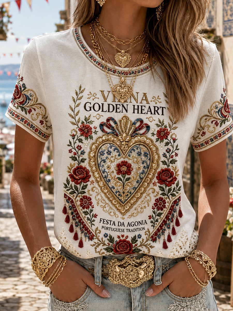 Camiseta de linho estampada com arte das Festas d’Agonia, Portugal, para mulheres