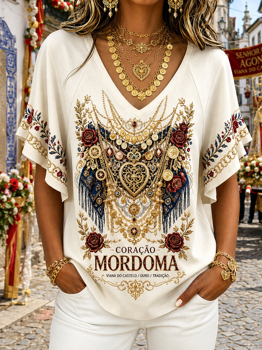 Camiseta estampada com arte das Festas d’Agonia, Portugal, feminina