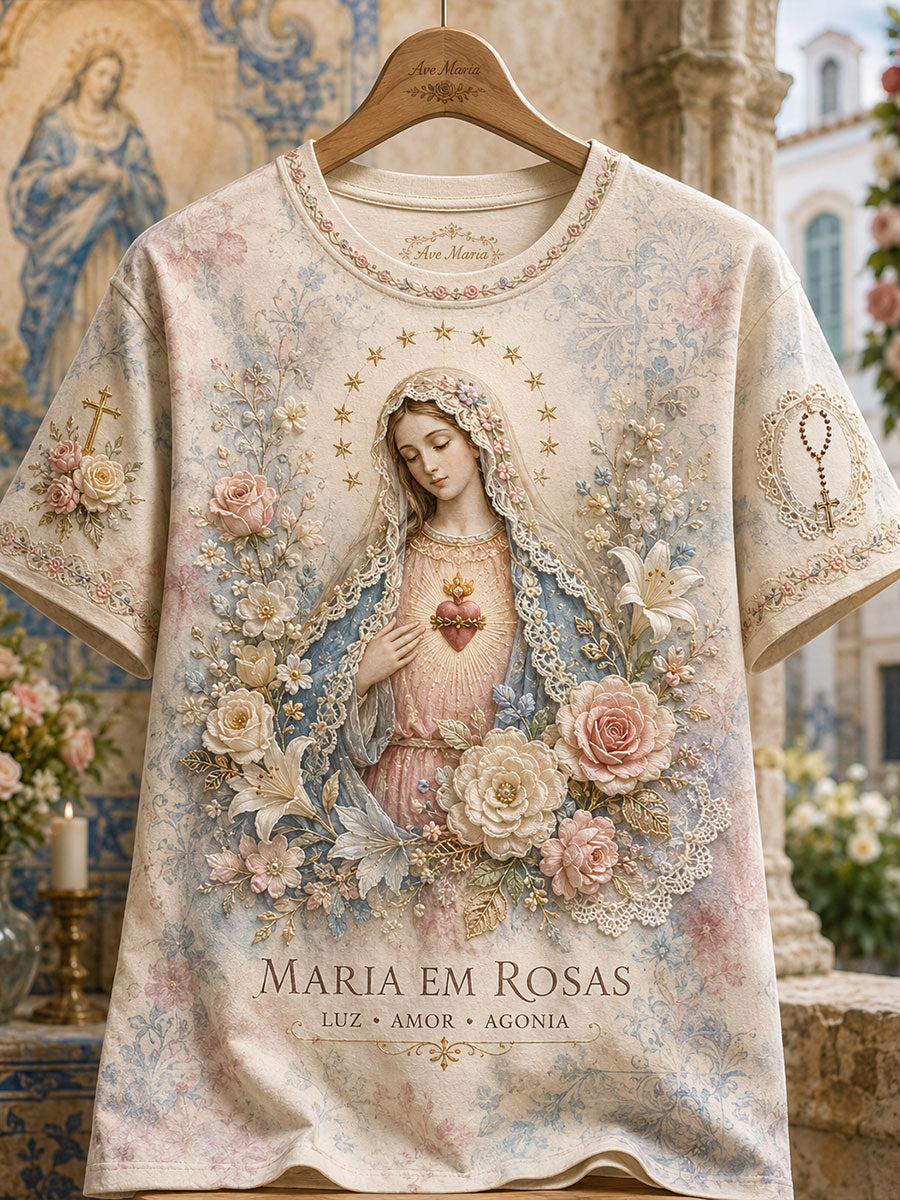 Camiseta de linho estampada com arte das Festas d’Agonia, Portugal, para mulheres