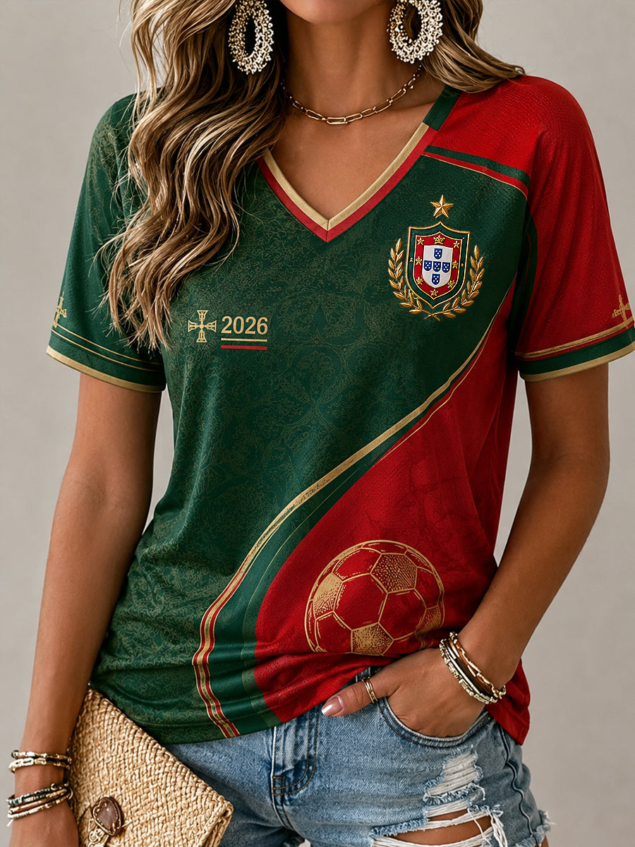 Camiseta feminina Vintage futebol português clássico Casual decote em v