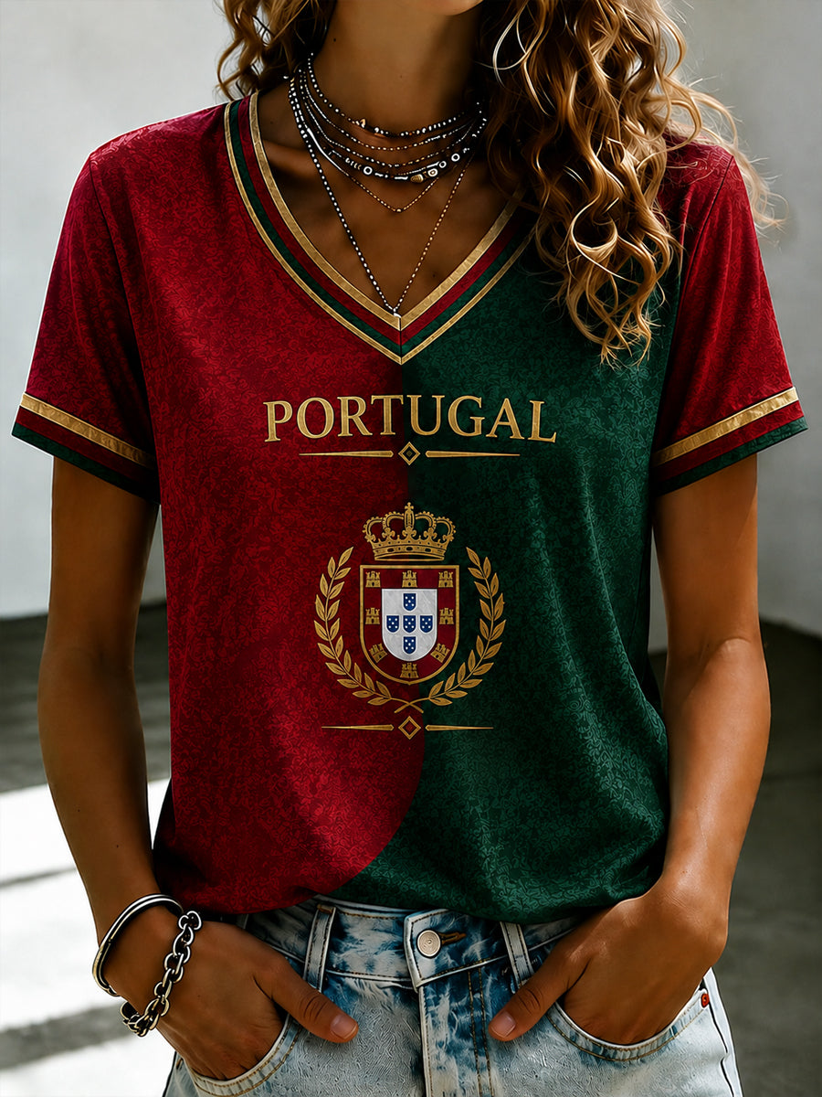 Camiseta feminina de futebol português com estampa e gola em V