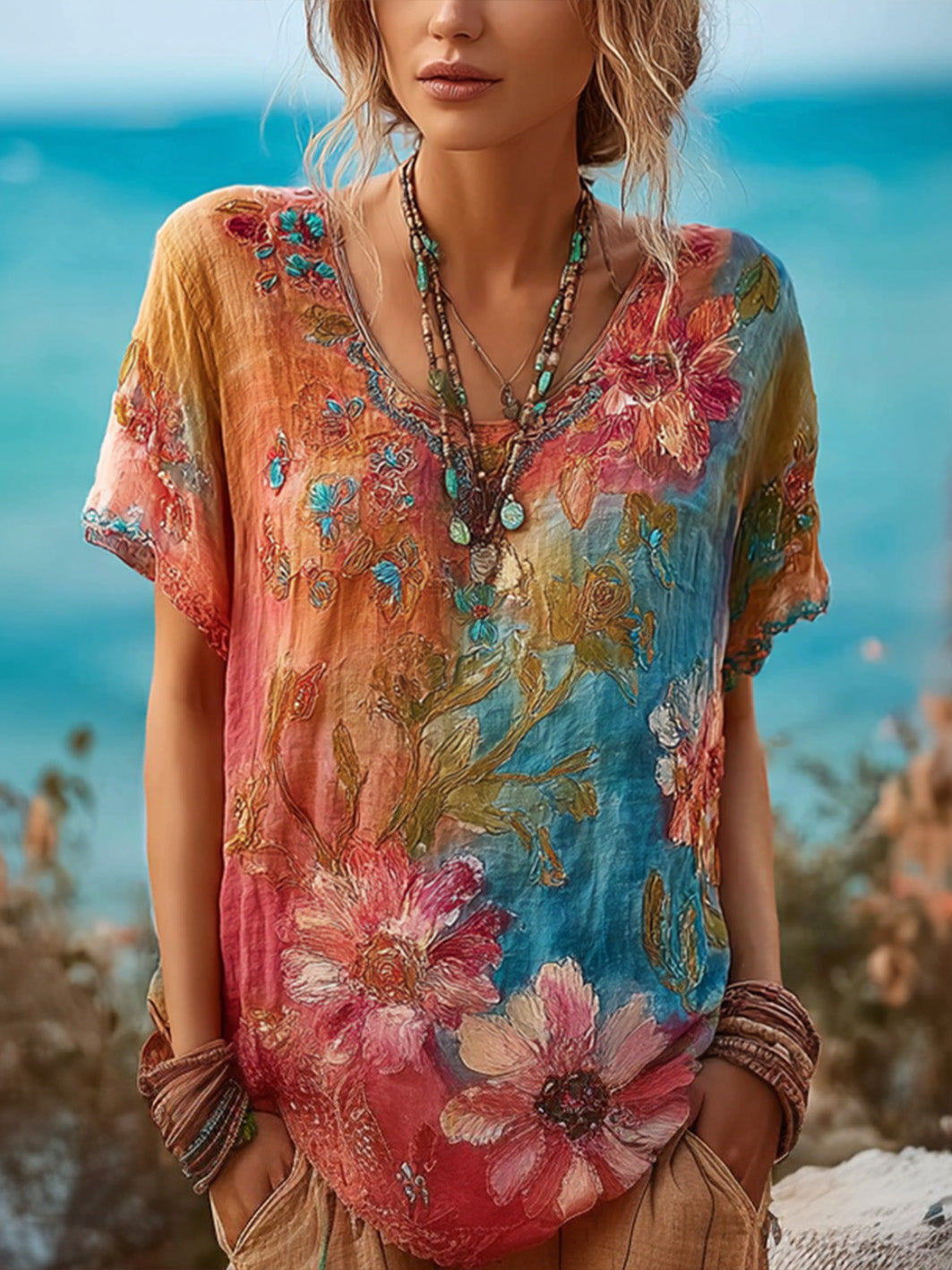 Camiseta feminina de mangas curtas, em estilo pintura a óleo, para férias e lazer