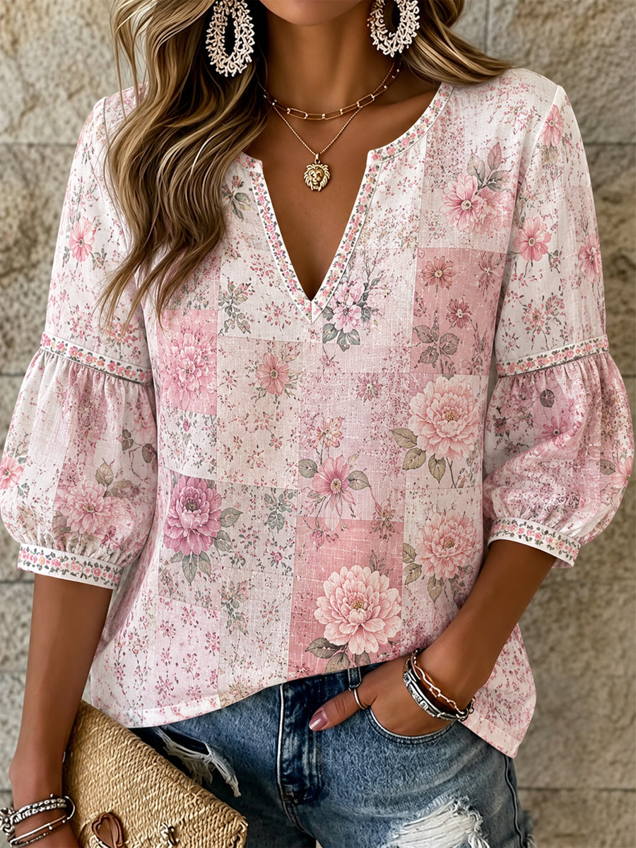 Blusa casual estampada com flores cor-de-rosa sobre câncer de mama feminino