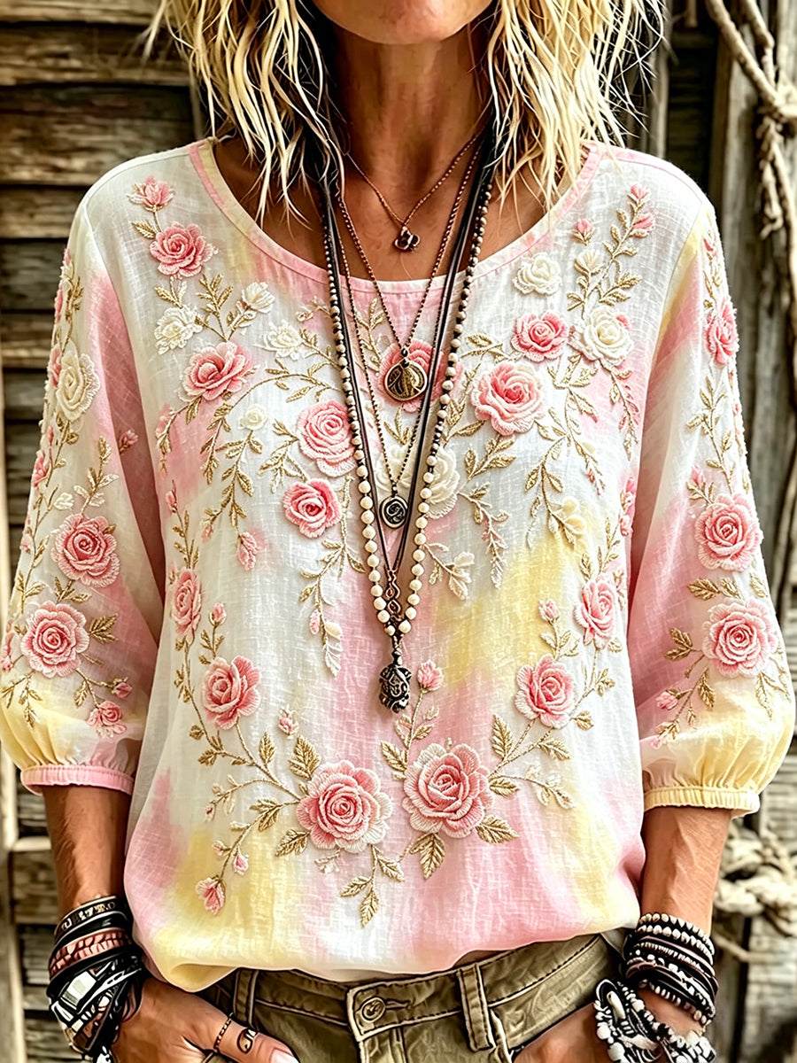 Arte Floral rosa Vintage feminino impressão gradiente sopro manga túnica de linho